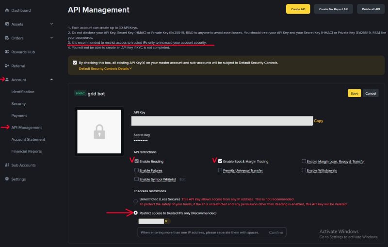 Binance API Key page