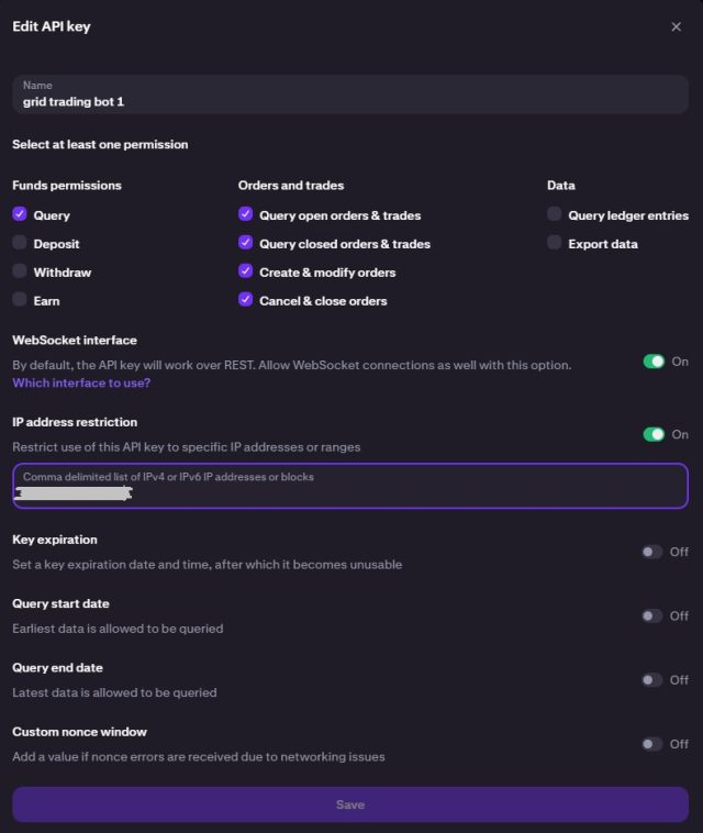 kraken api key settings page